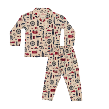 Full Sleeves Baby Pajamas with London Bus Print – Cream